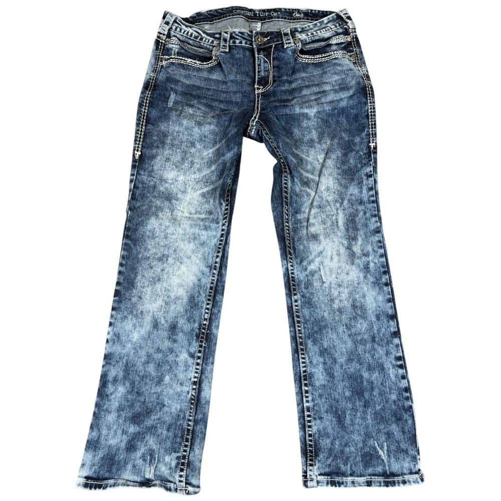 Cowgirl Tuff Jeans Womens 35x31 Blue Tie Diy Denim Cotton Stretch Straight Leg